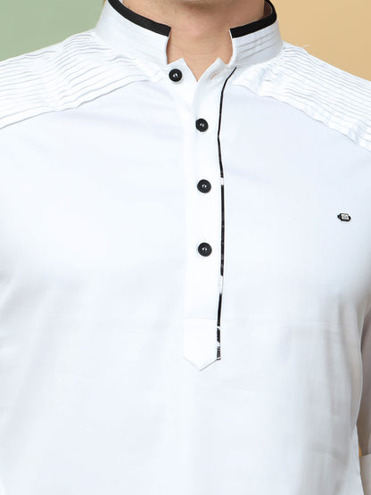 WHITE PATHANI KURTA SET WITH COLLAR BLACK PIPPING