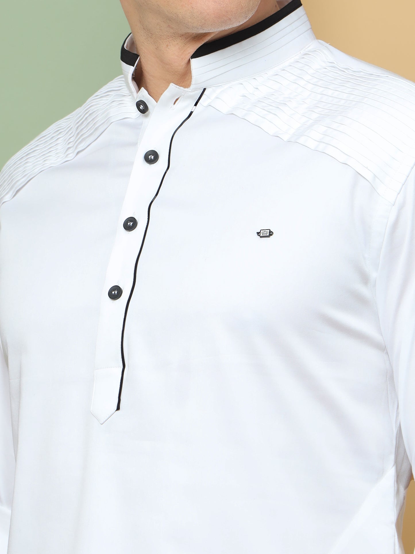 WHITE PATHANI KURTA SET WITH COLLAR BLACK PIPPING