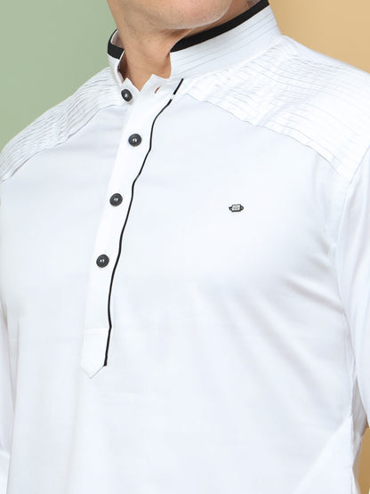 WHITE PATHANI KURTA SET WITH COLLAR BLACK PIPPING