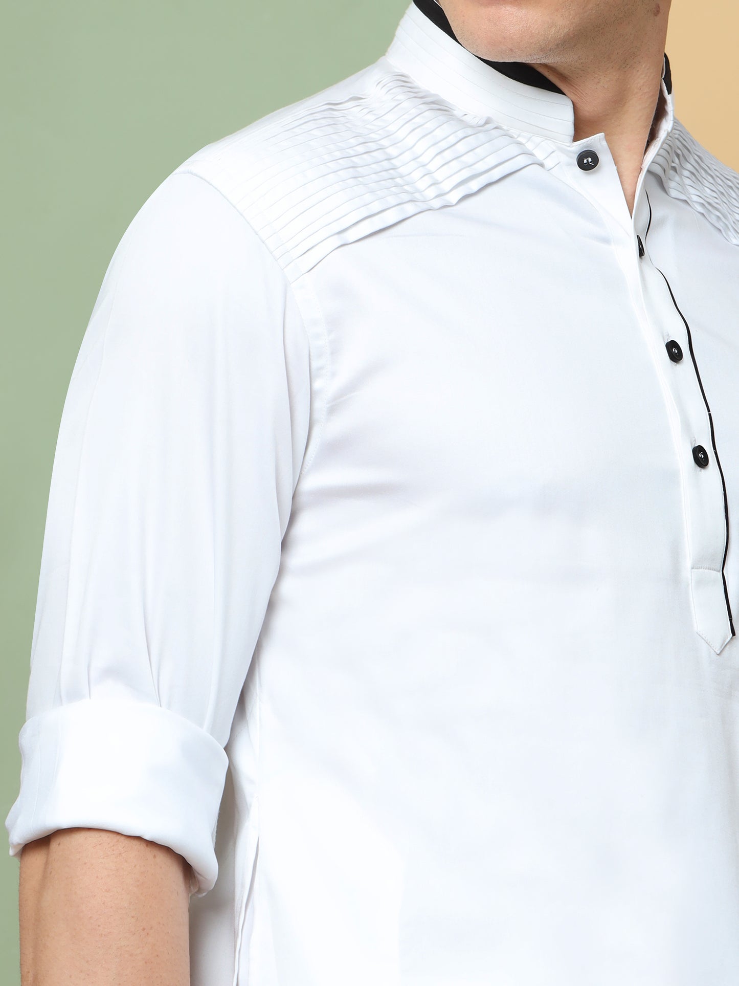 WHITE PATHANI KURTA SET WITH COLLAR BLACK PIPPING
