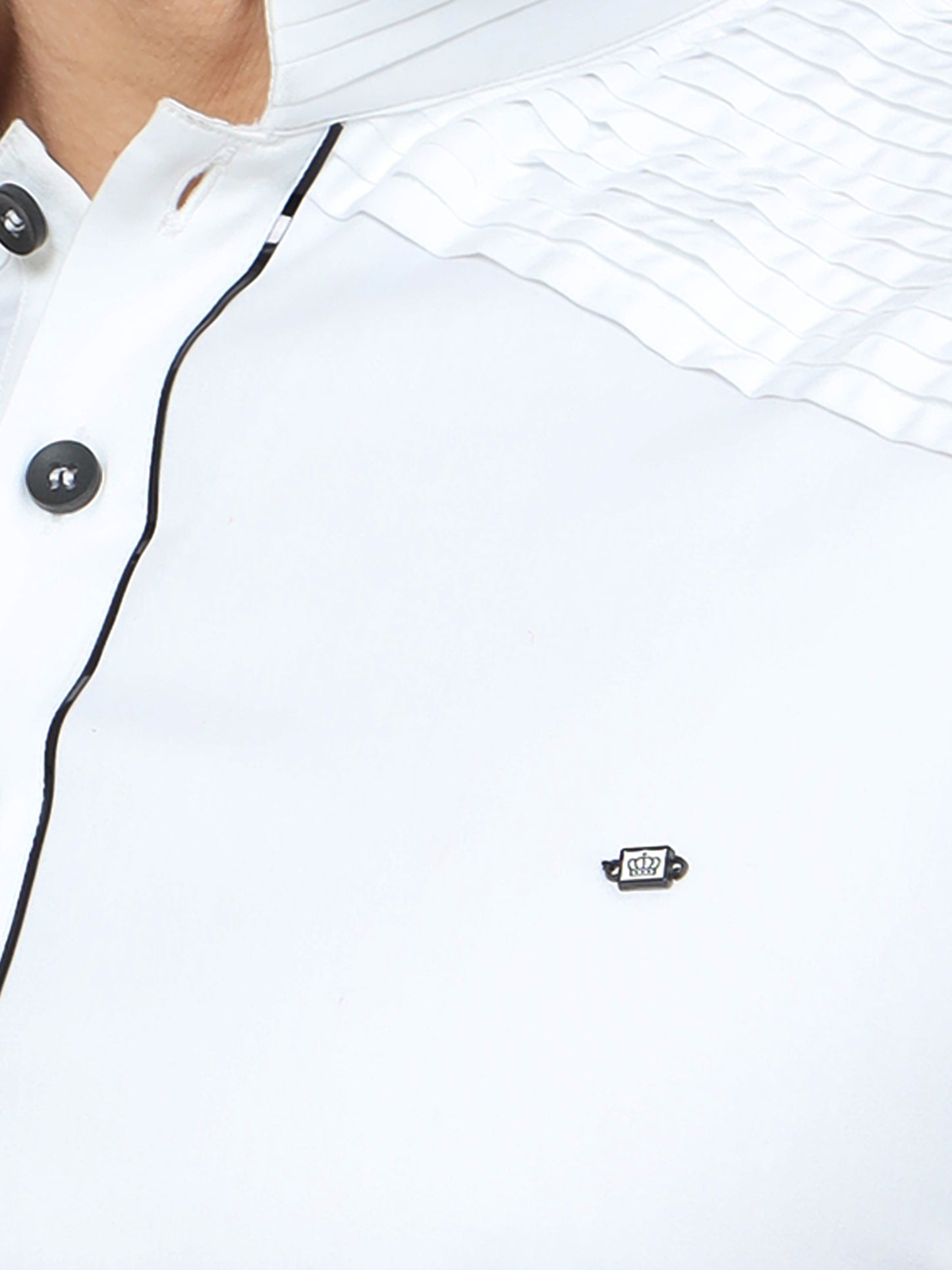 WHITE PATHANI KURTA SET WITH COLLAR BLACK PIPPING