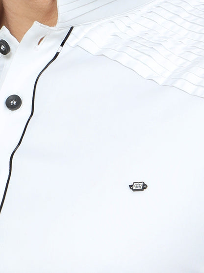 WHITE PATHANI KURTA SET WITH COLLAR BLACK PIPPING