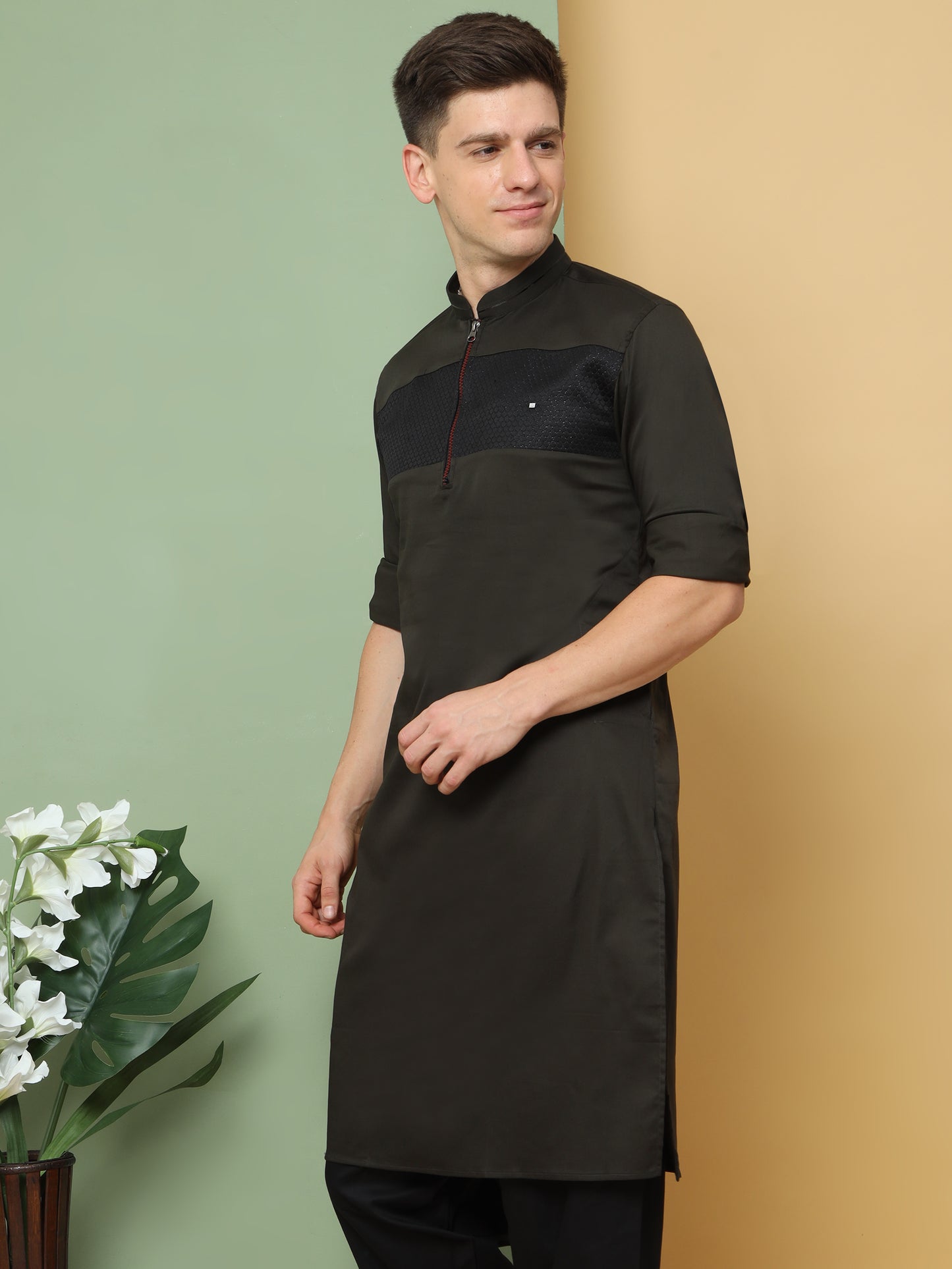 BLACK PATHANI KURTA SET WITH FRONT ZIP STYLE