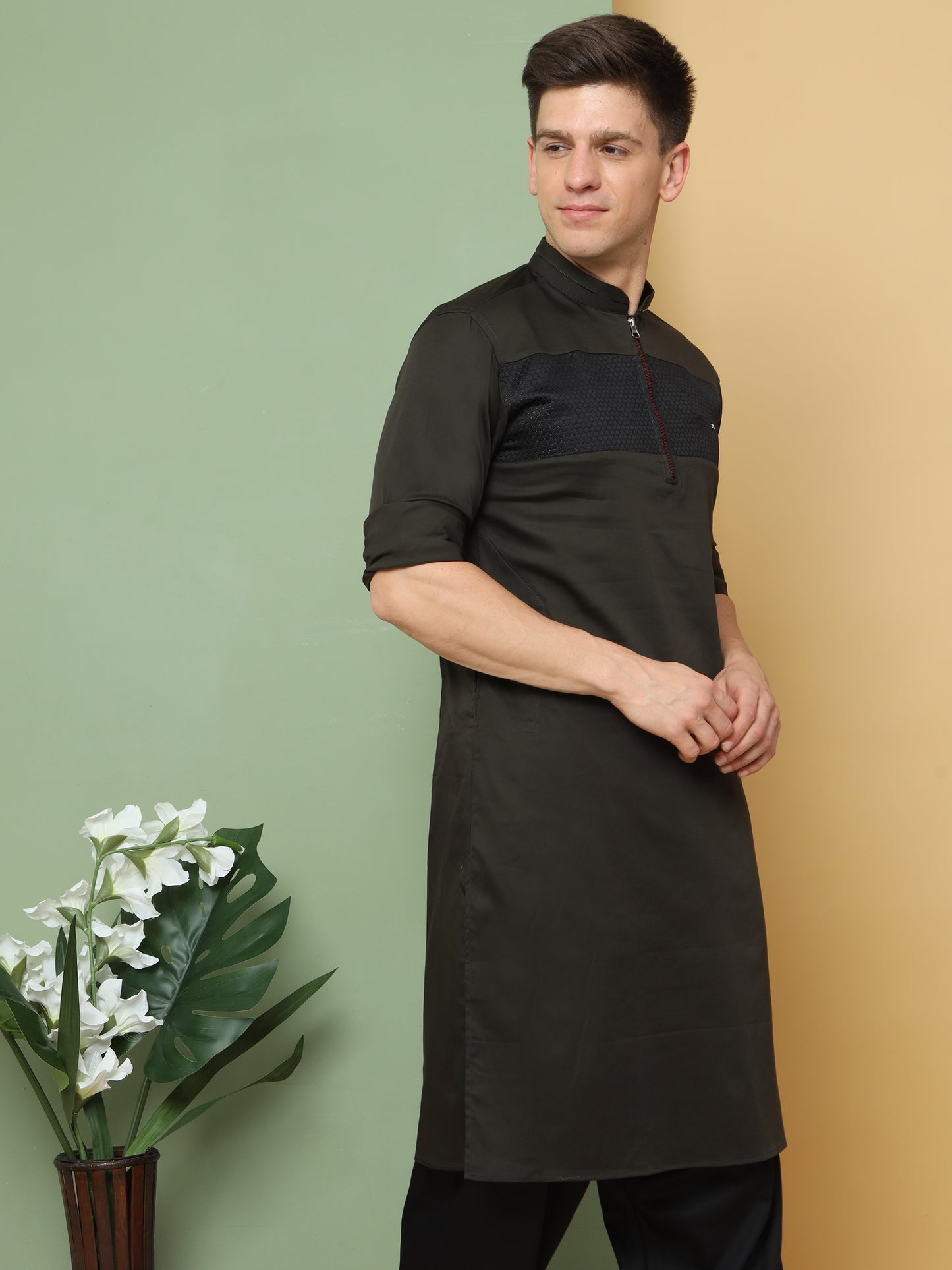 BLACK PATHANI KURTA SET WITH FRONT ZIP STYLE