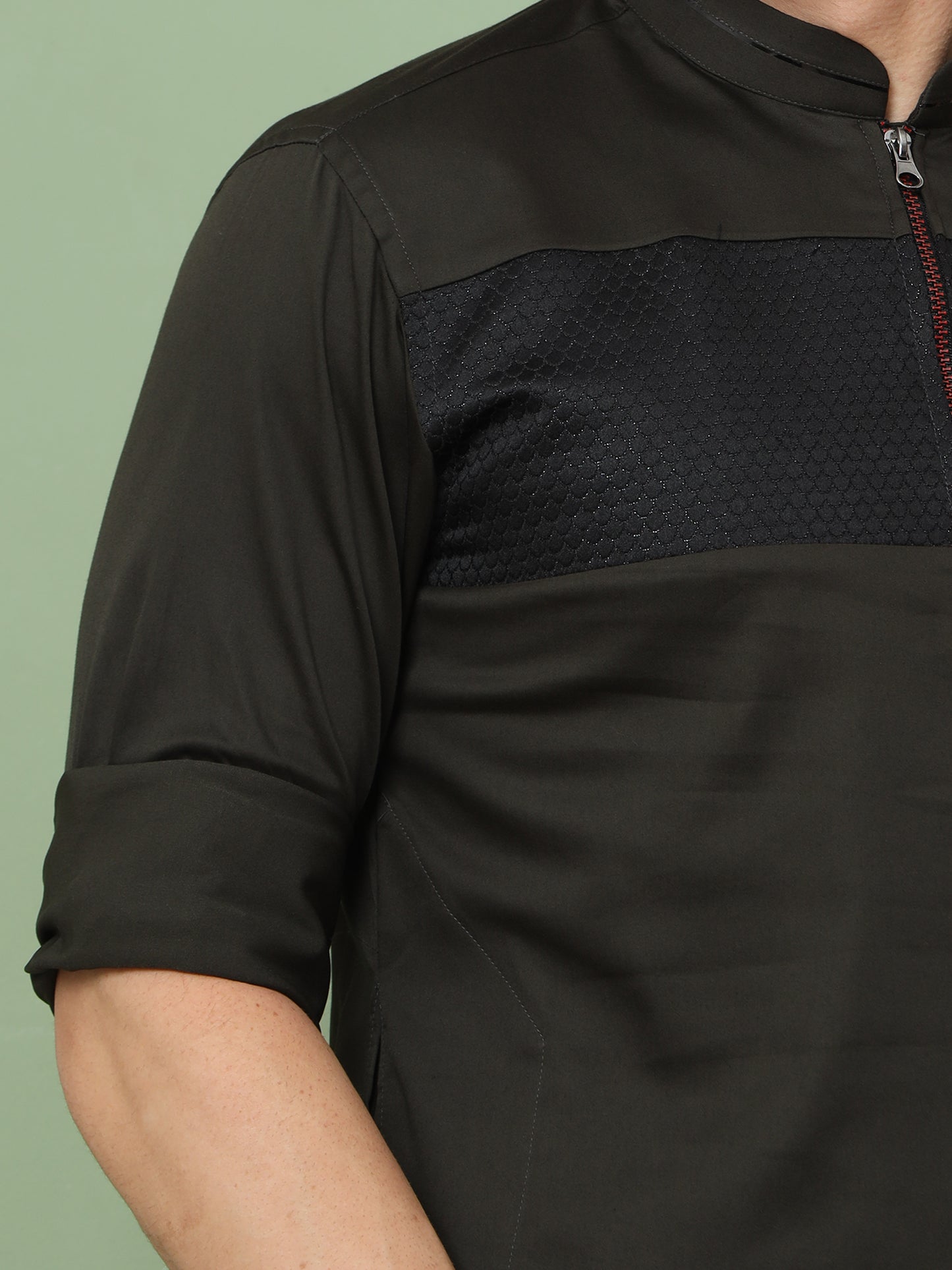 BLACK PATHANI KURTA SET WITH FRONT ZIP STYLE