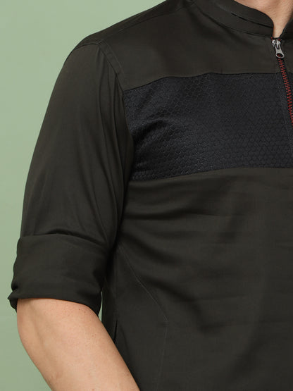 BLACK PATHANI KURTA SET WITH FRONT ZIP STYLE