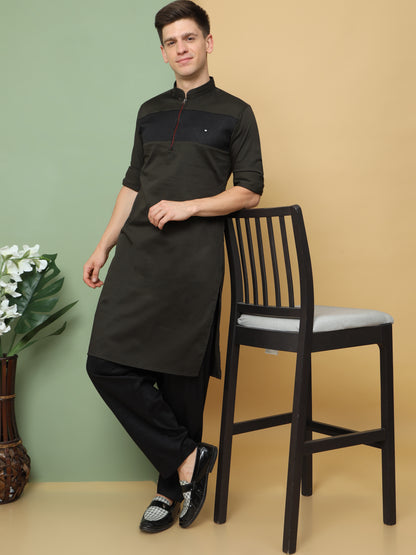 BLACK PATHANI KURTA SET WITH FRONT ZIP STYLE