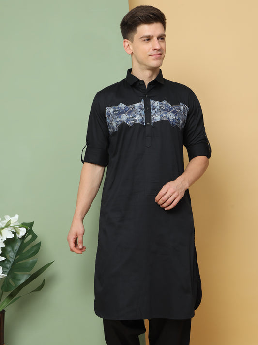 BLACK PRINTED PATHANI KURTA SET