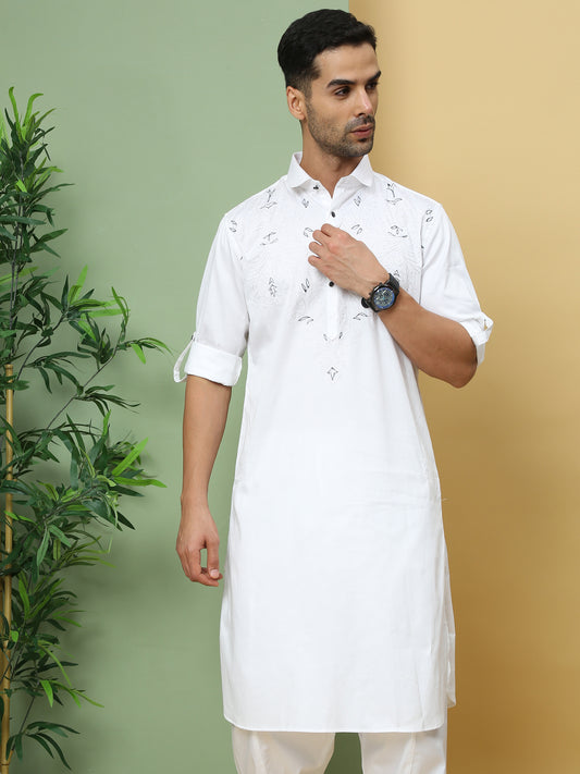WHITE SOLID PATHANI KURTA SET