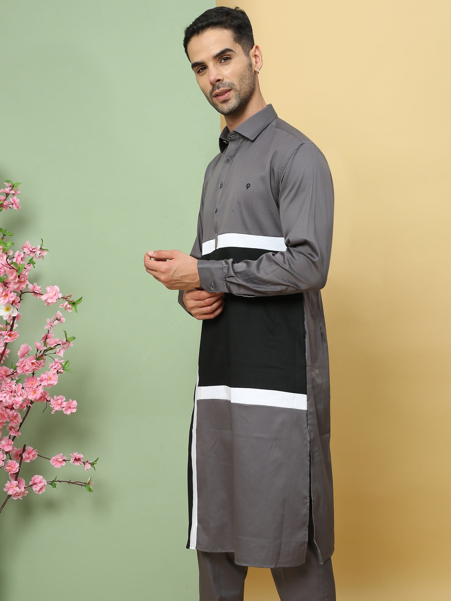 GREY PATTERNED PATHANI KURTA SET