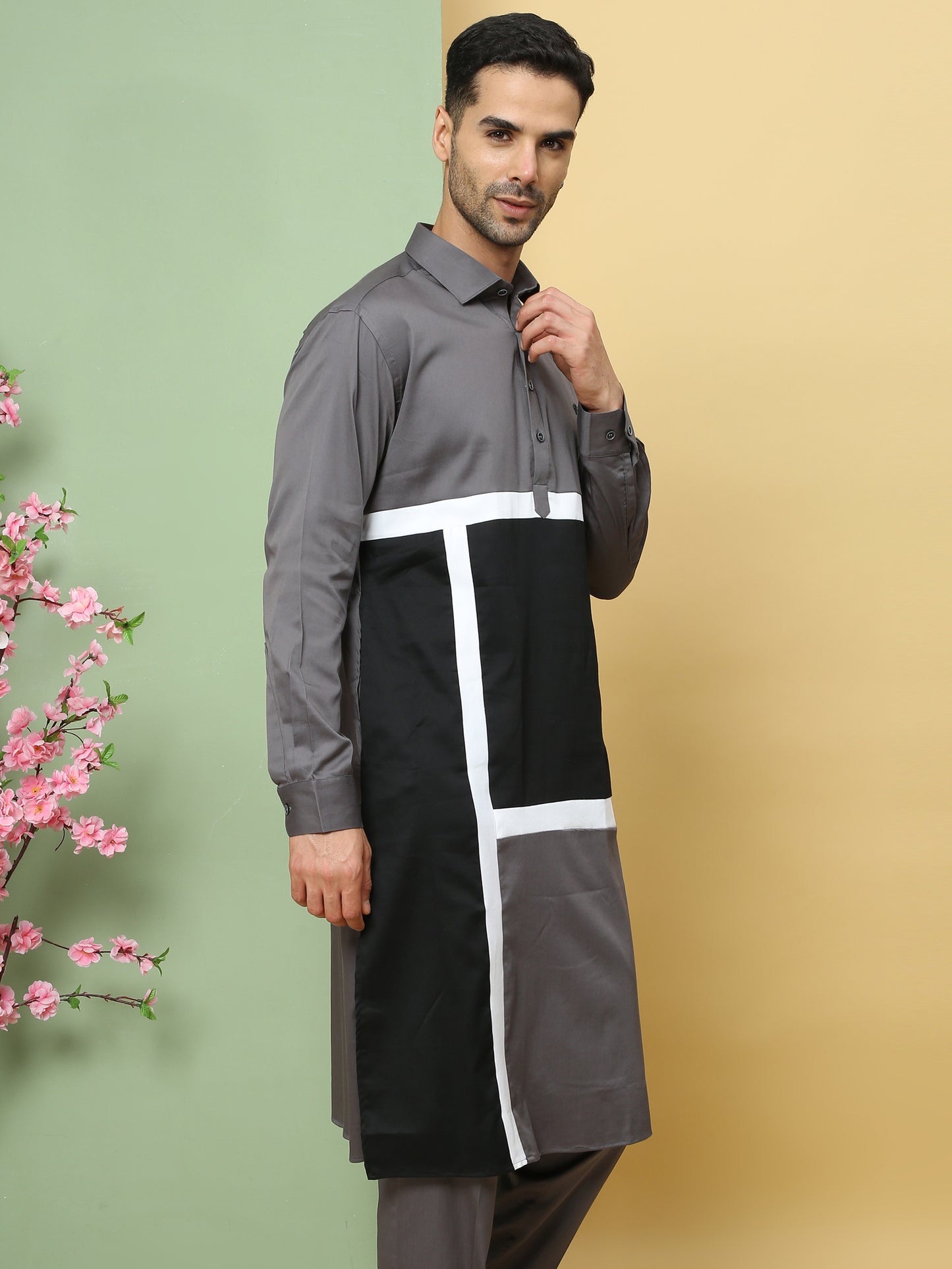 GREY PATTERNED PATHANI KURTA SET