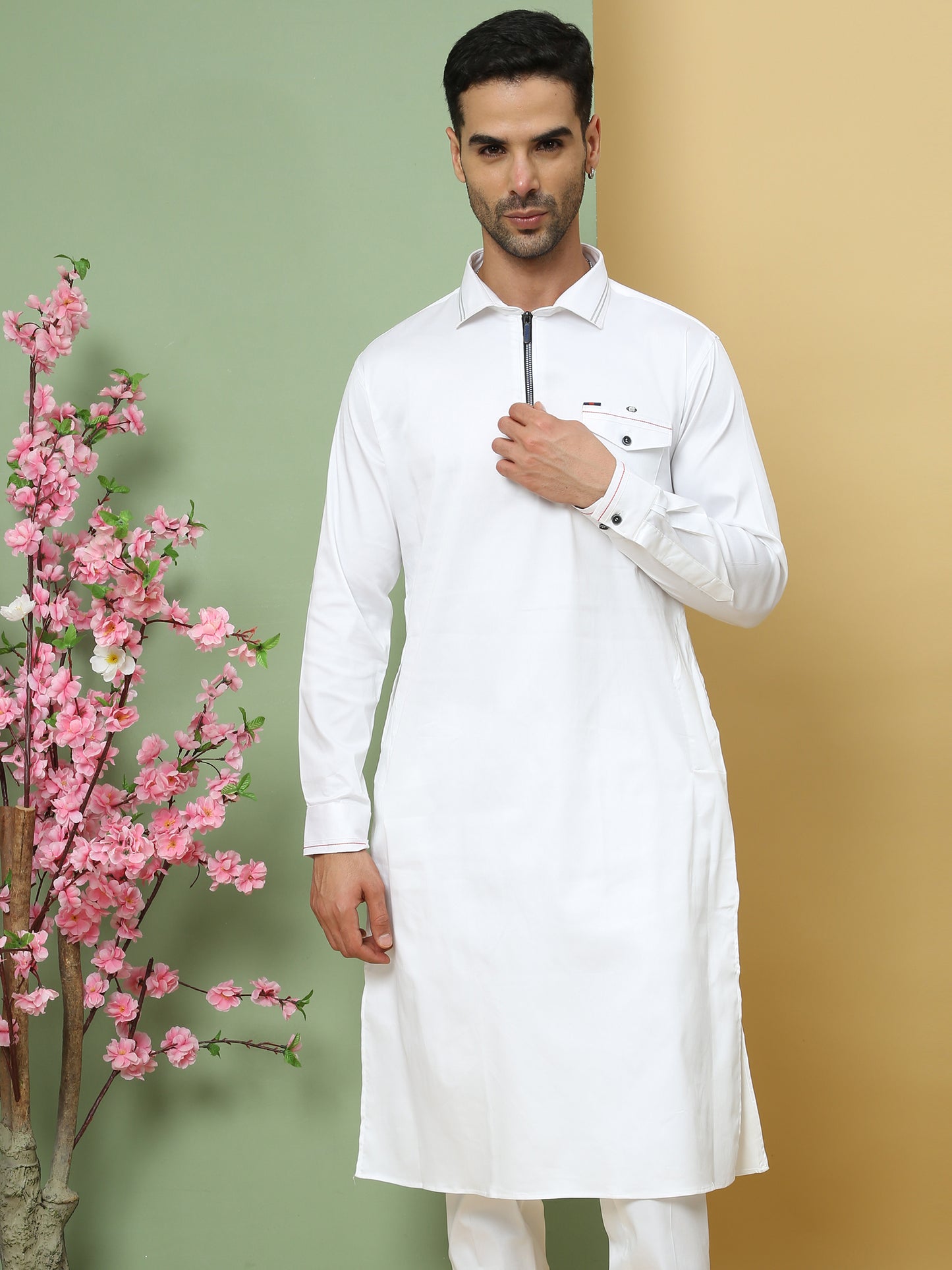 WHITE SOLID PATHANI KURTA SET
