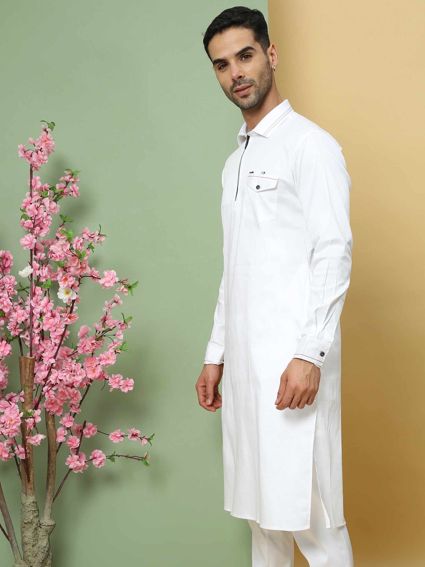WHITE SOLID PATHANI KURTA SET