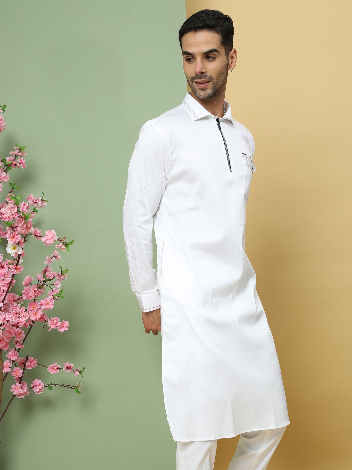 WHITE SOLID PATHANI KURTA SET