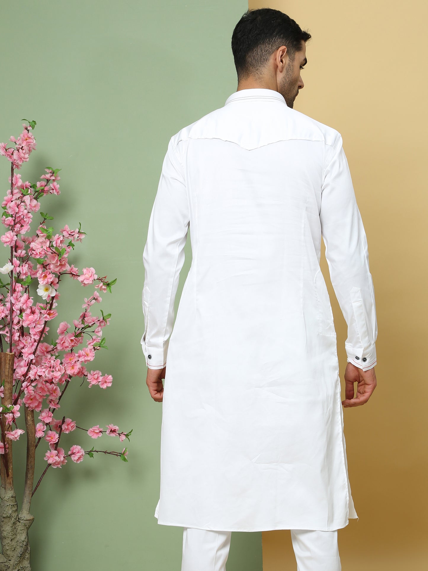 WHITE SOLID PATHANI KURTA SET