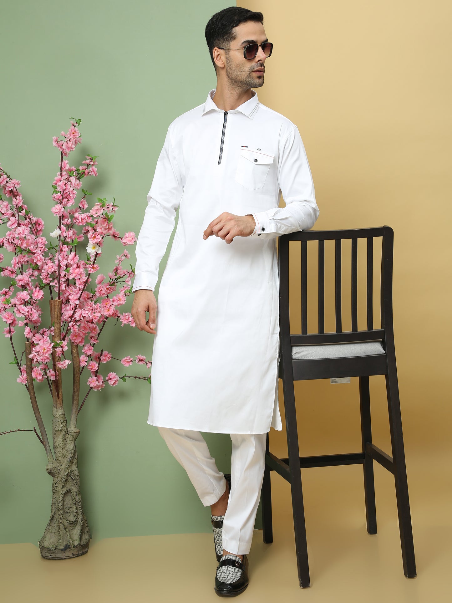WHITE SOLID PATHANI KURTA SET