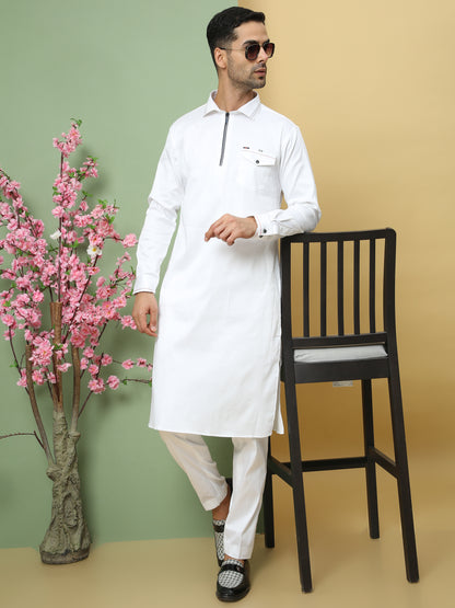 WHITE SOLID PATHANI KURTA SET