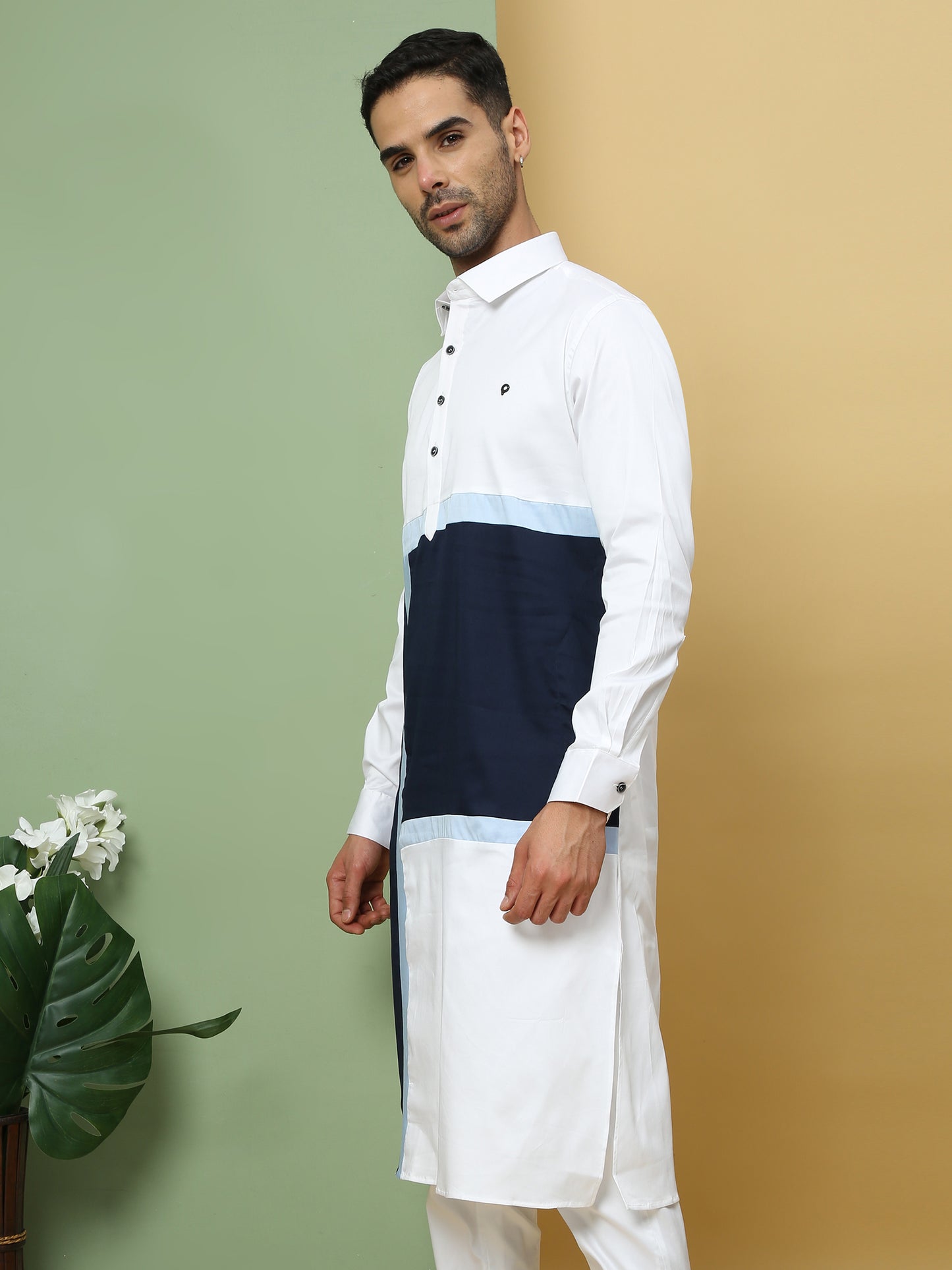 WHITE ABSTRACT PATTERNED PATHANI KURTA SET