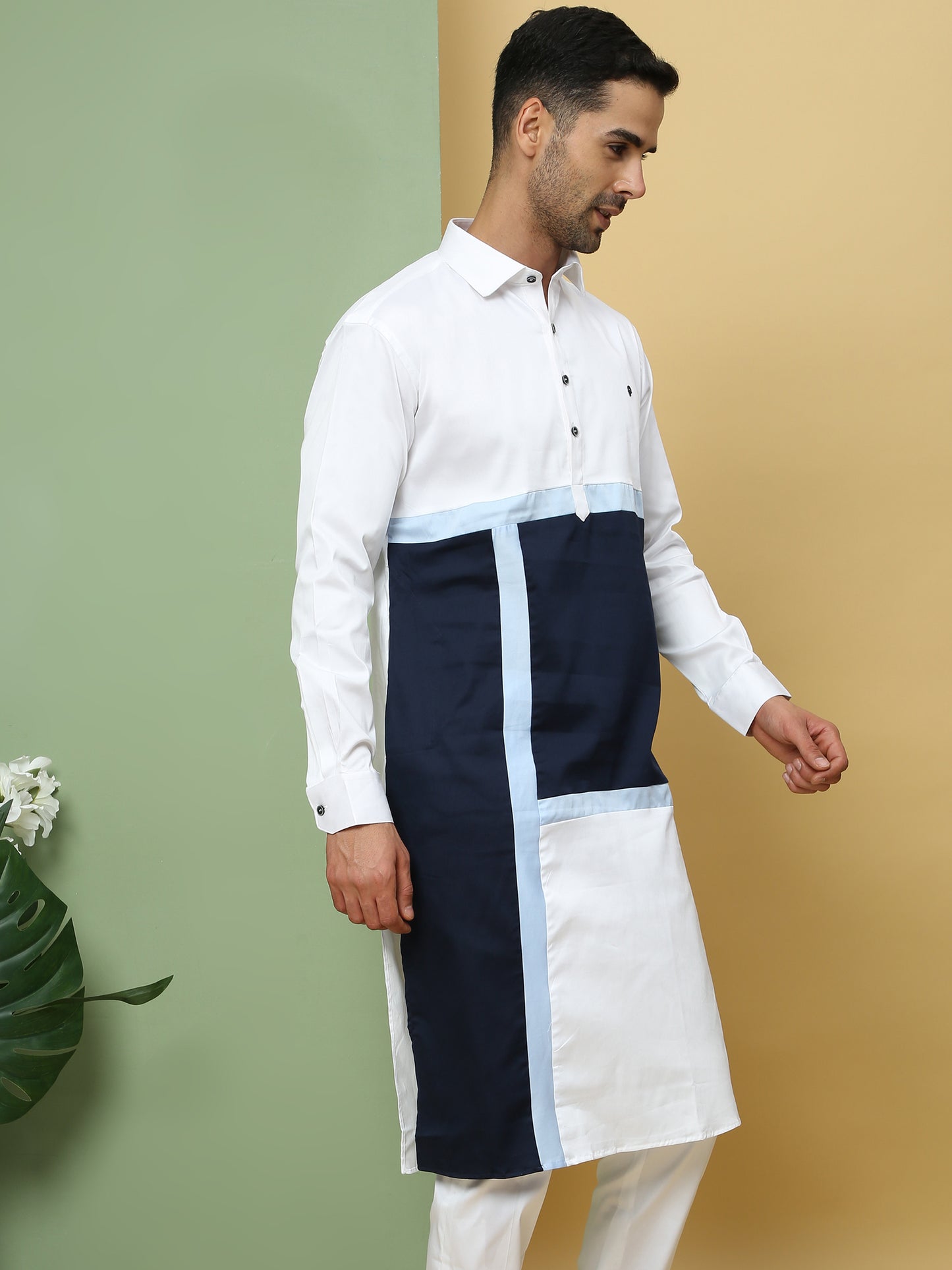 WHITE ABSTRACT PATTERNED PATHANI KURTA SET