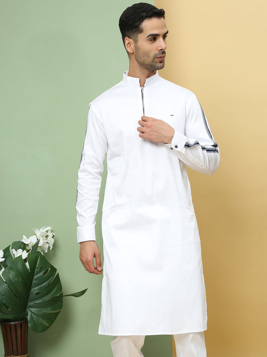 WHITE STRIPE PRINTED SLEEVE PATHANI KURTA SET