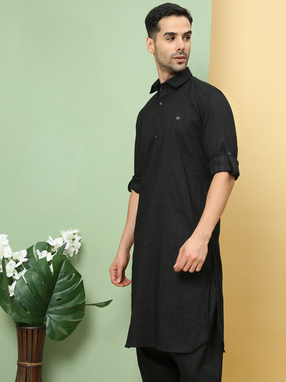 BLACK SOLID PATHANI KURTA SET