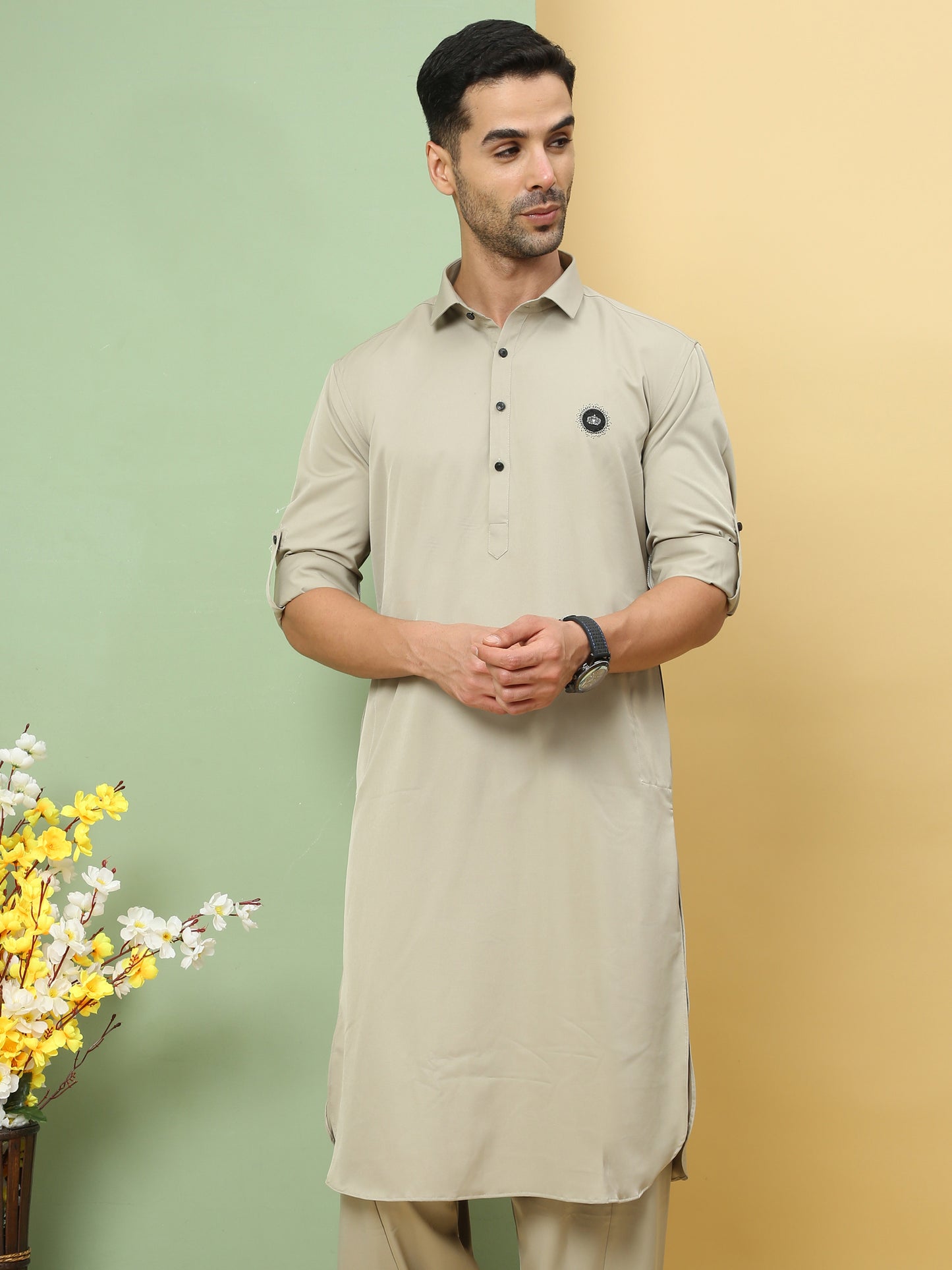 OFF WHITE SOLID PATHANI KURTA SET