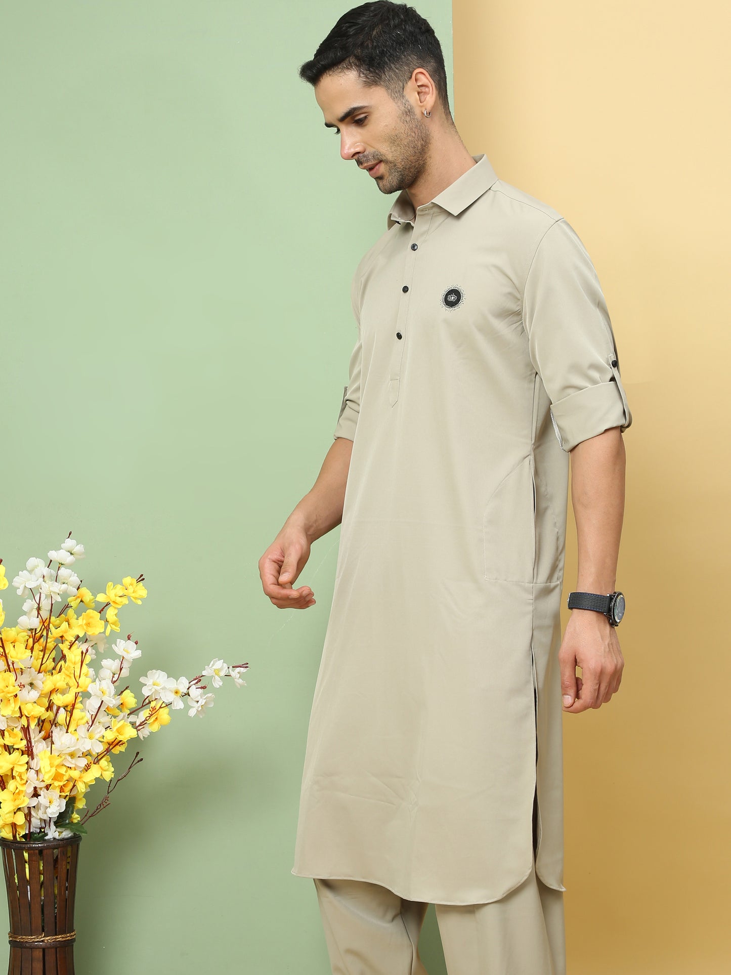 OFF WHITE SOLID PATHANI KURTA SET