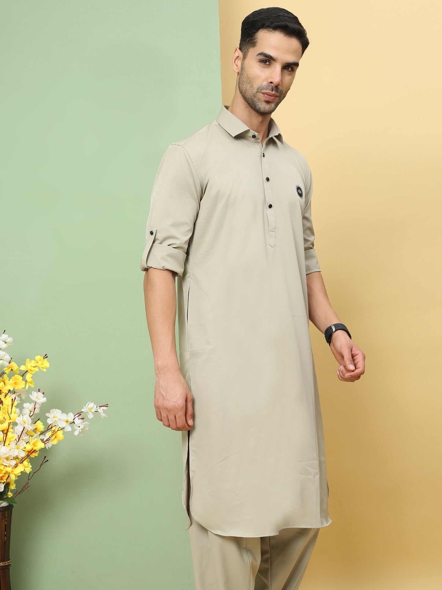 OFF WHITE SOLID PATHANI KURTA SET