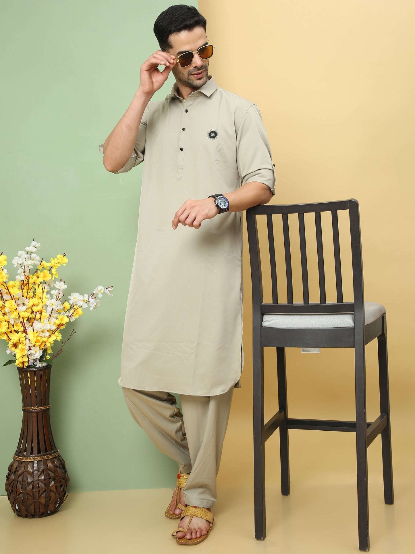 OFF WHITE SOLID PATHANI KURTA SET
