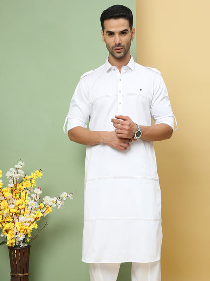 WHITE SOLID PATHANI KURTA SET