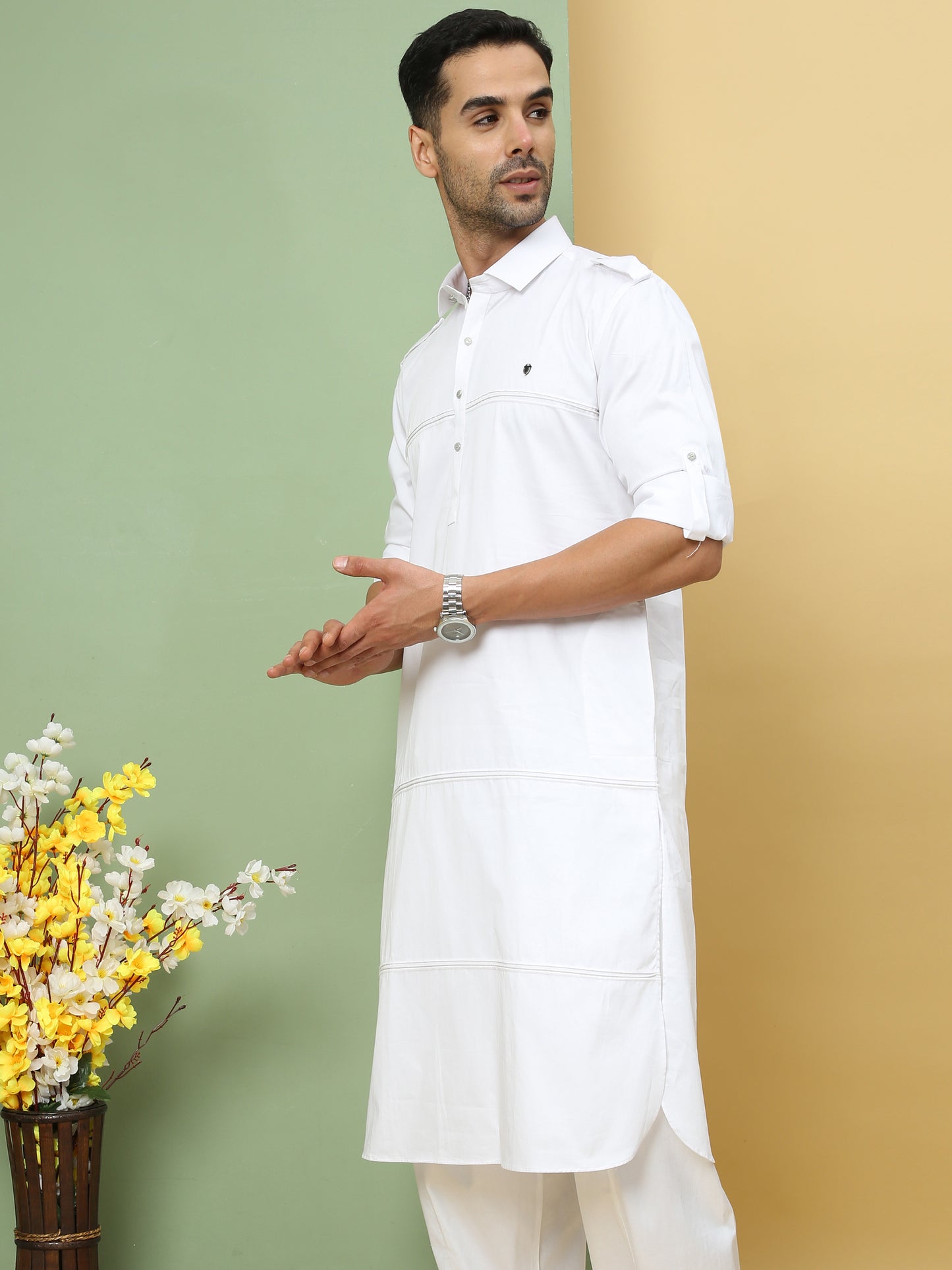WHITE SOLID PATHANI KURTA SET