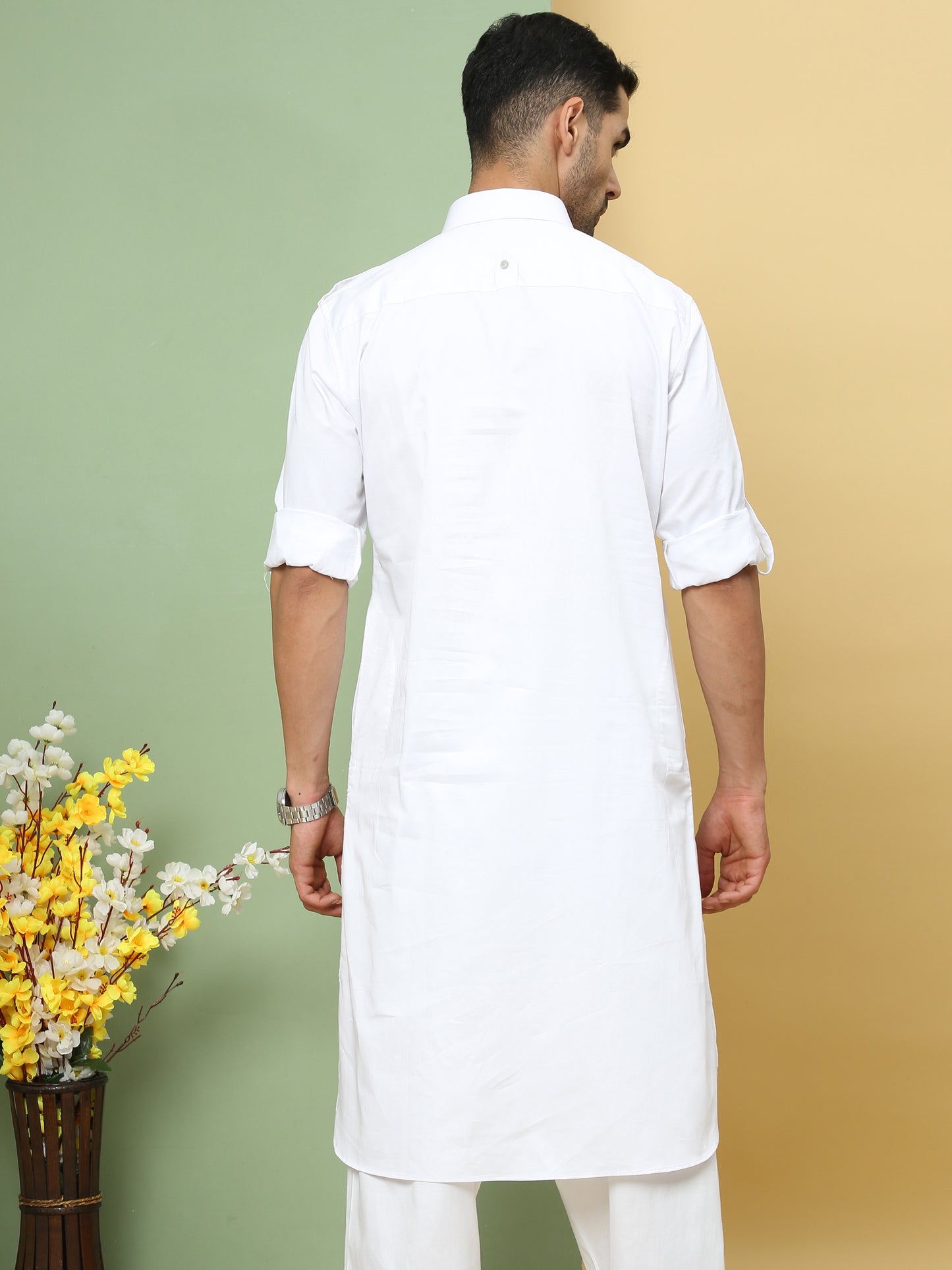 WHITE SOLID PATHANI KURTA SET