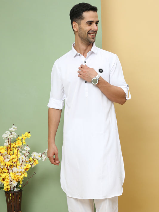 WHITE SOLID PATHANI KURTA SET